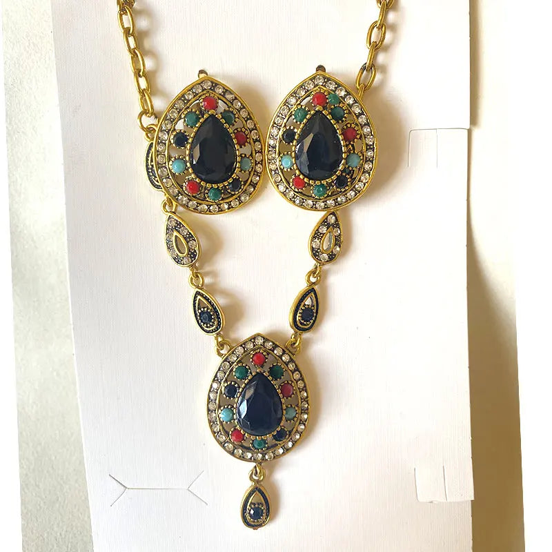 Elegant Turkish Jewellery Set Pear Jewelry White Crystal Green Wedding Necklace Earring Sets For Women Bohemian Ladies Bijoux