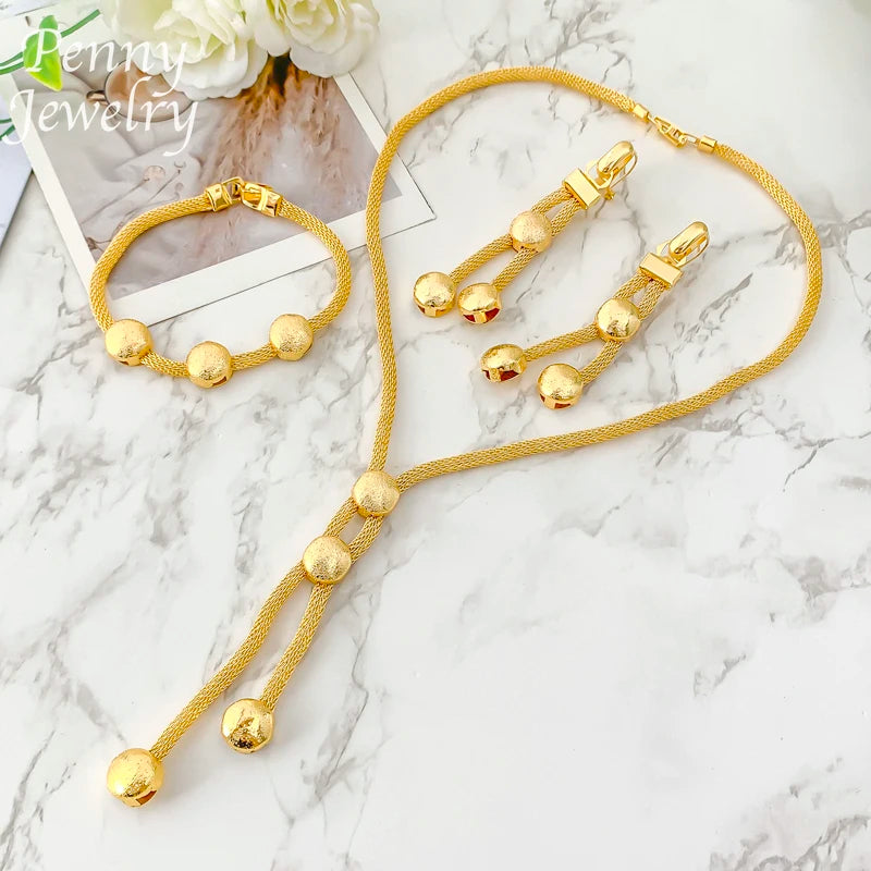 Exquisite Jewelry Set Beads Chain Necklace Earrings Bracelet Italian Dubai Gold Plated Jewellery for Banquet Party Wedding Gifts