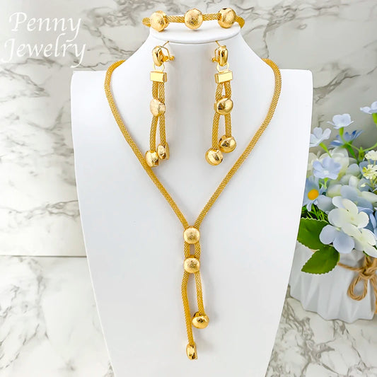 Exquisite Jewelry Set Beads Chain Necklace Earrings Bracelet Italian Dubai Gold Plated Jewellery for Banquet Party Wedding Gifts