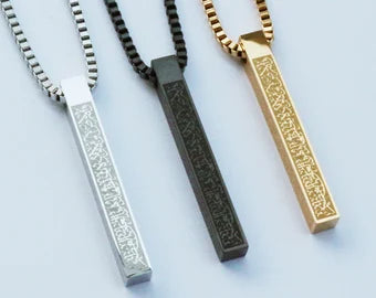 Ayatul Kursi Pendant Necklace for Men – Stainless Steel 3D Bar Islamic Chain – Arabic Calligraphy – Golden Silver Black – Muslim Gift Jewelry